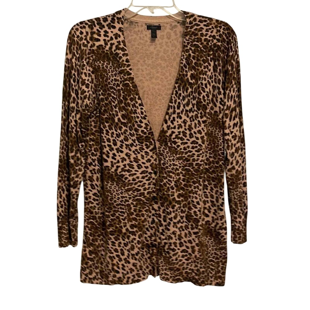 Soma Intimates Leopard Print Cardigan Brown Tan Cotton Blend V-Neck Medium